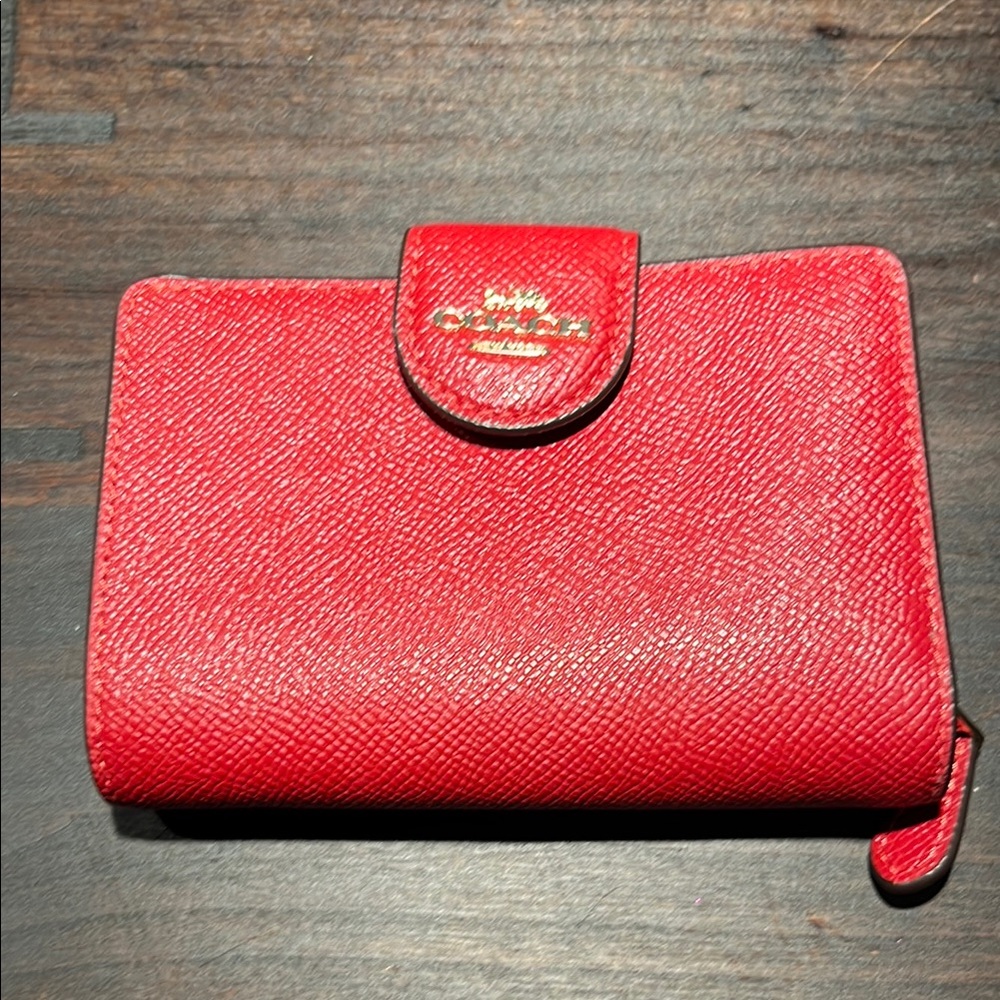 Coach Red Wallet 4” x 5” with Signature Logo and Textured Finish